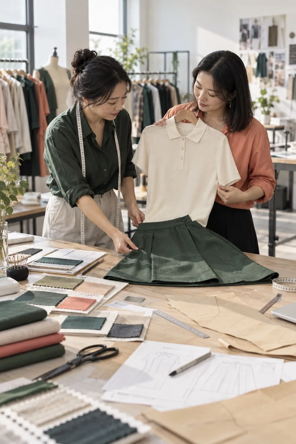 Two womenswear product developers reviewing an unbranded polo shirt and skirt in a sample studio.